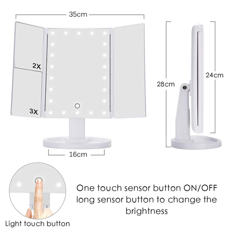 Skyera Espejo de Mesa, Espejo de Maquillaje Tríptico con Aumentos 1x, 2X, 3X, Espejo Cosmético Pantalla Táctil en Iluminacíon 22 Led, Carga con USB o Batería, Adjustable 180º