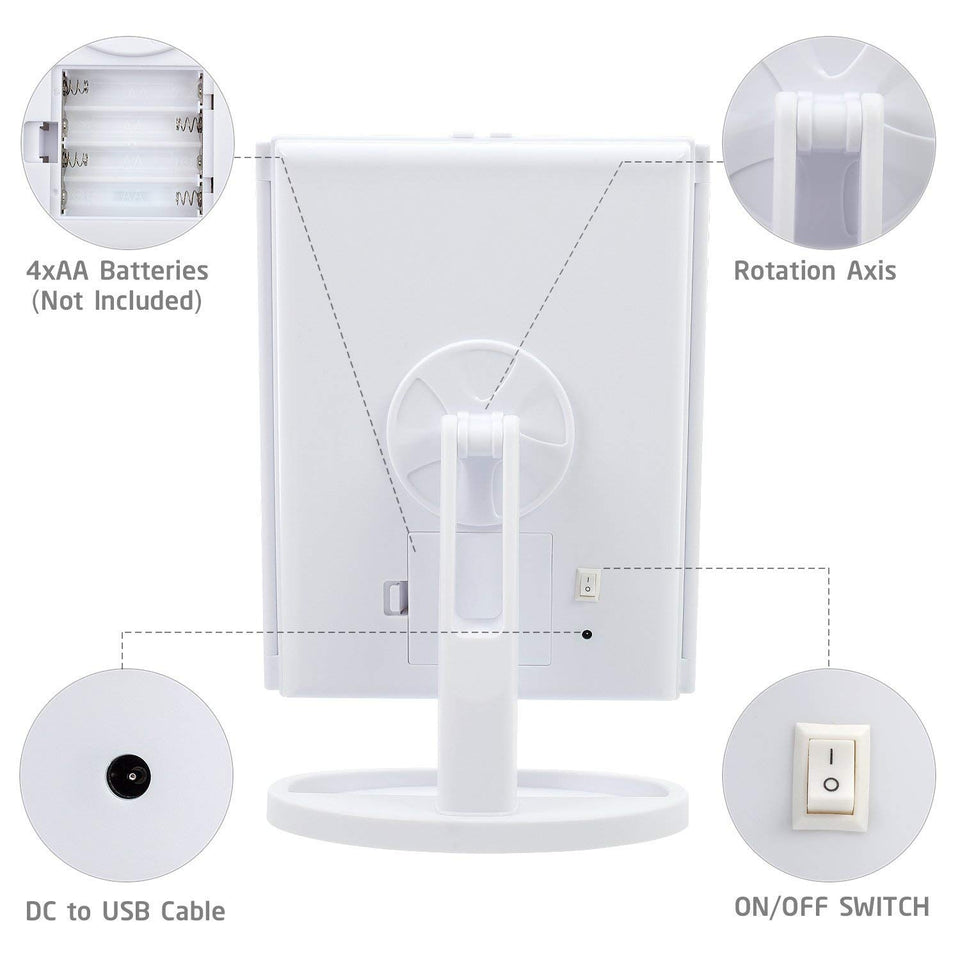 Skyera Espejo de Mesa, Espejo de Maquillaje Tríptico con Aumentos 1x, 2X, 3X, Espejo Cosmético Pantalla Táctil en Iluminacíon 22 Led, Carga con USB o Batería, Adjustable 180º