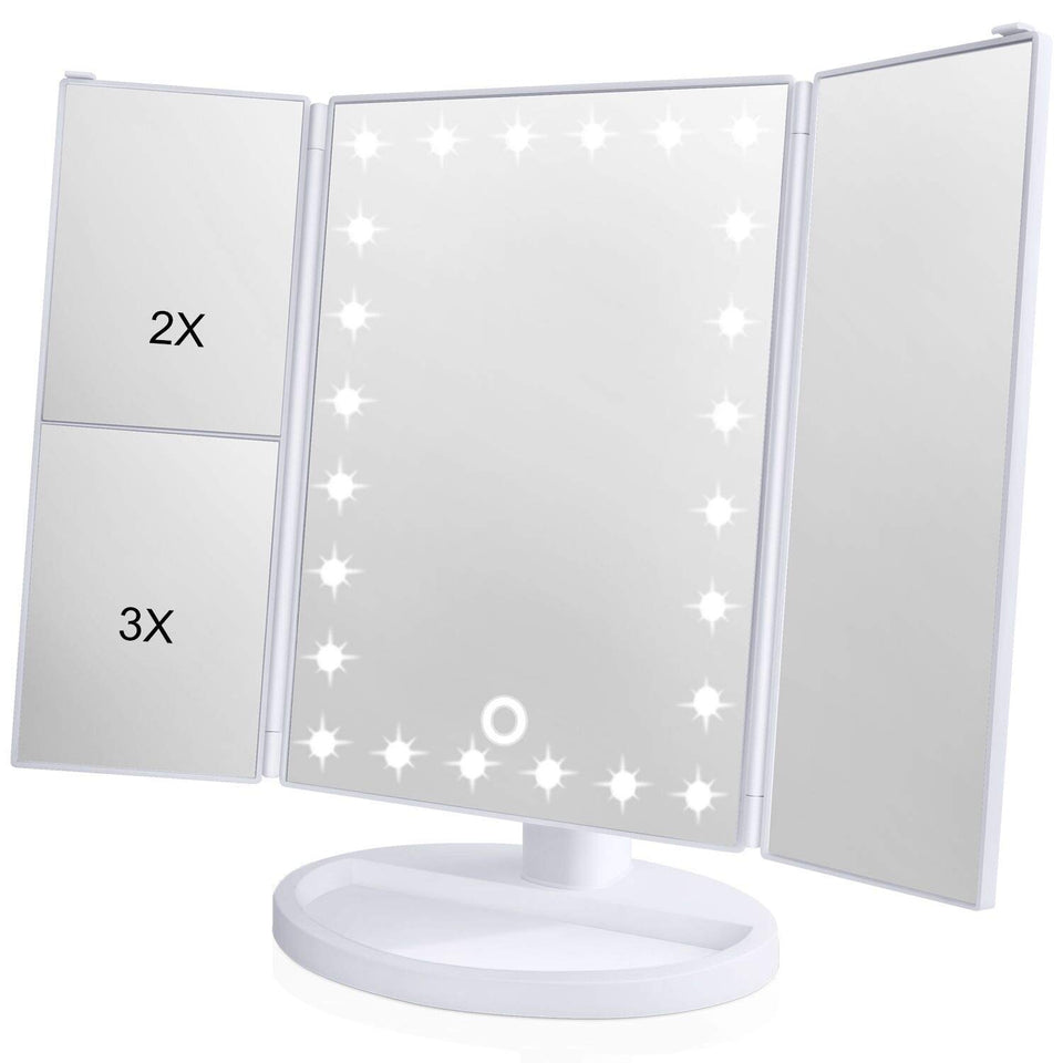 Skyera Espejo de Mesa, Espejo de Maquillaje Tríptico con Aumentos 1x, 2X, 3X, Espejo Cosmético Pantalla Táctil en Iluminacíon 22 Led, Carga con USB o Batería, Adjustable 180º