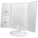 Skyera Espejo de Mesa, Espejo de Maquillaje Tríptico con Aumentos 1x, 2X, 3X, Espejo Cosmético Pantalla Táctil en Iluminacíon 22 Led, Carga con USB o Batería, Adjustable 180º