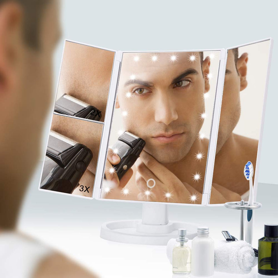 Skyera Espejo de Mesa, Espejo de Maquillaje Tríptico con Aumentos 1x, 2X, 3X, Espejo Cosmético Pantalla Táctil en Iluminacíon 22 Led, Carga con USB o Batería, Adjustable 180º