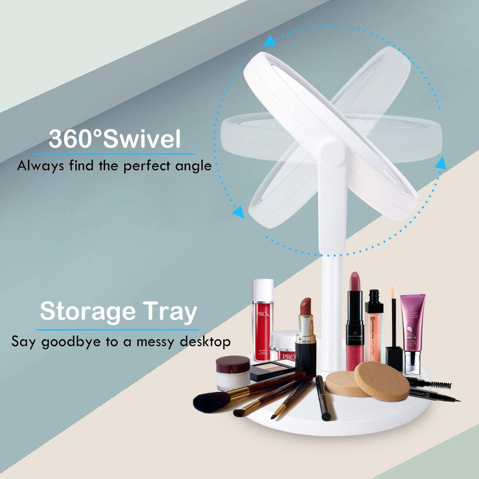 Espejo Maquillaje con Luz LED Espejo de Maquillaje Táctil Ultra Alta Definición Profesional Espejo Cosmético Plegable Espejos Maquillaje de Escritorio - Mesa Giratoria de Dos Caras Rotación Ajustable de 360°blanco