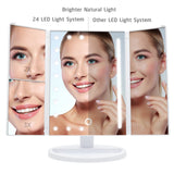 Skyera Espejo de Mesa, Espejo de Maquillaje Tríptico con Aumentos 1x, 2X, 3X, Espejo Cosmético Pantalla Táctil en Iluminacíon 22 Led, Carga con USB o Batería, Adjustable 180º